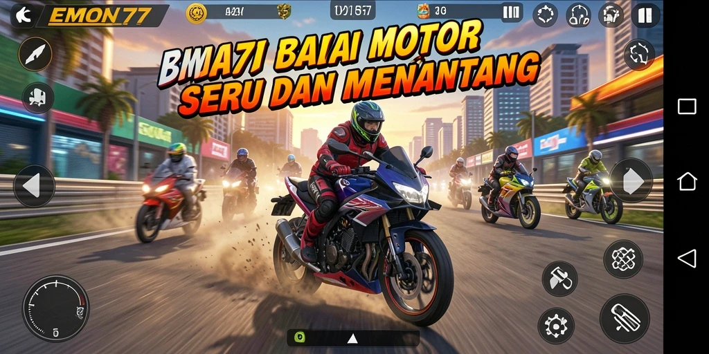 Screenshot gameplay EMON77 menampilkan balapan motor yang mendebarkan dan menantang.