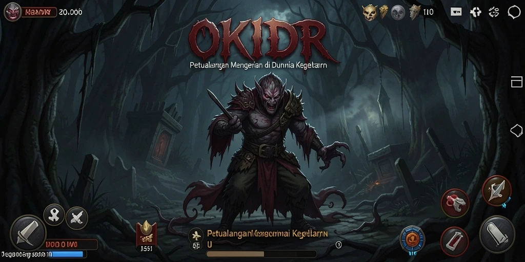 Screenshot utama OKIDR menampilkan suasana mencekam dan gameplay yang mengerikan.