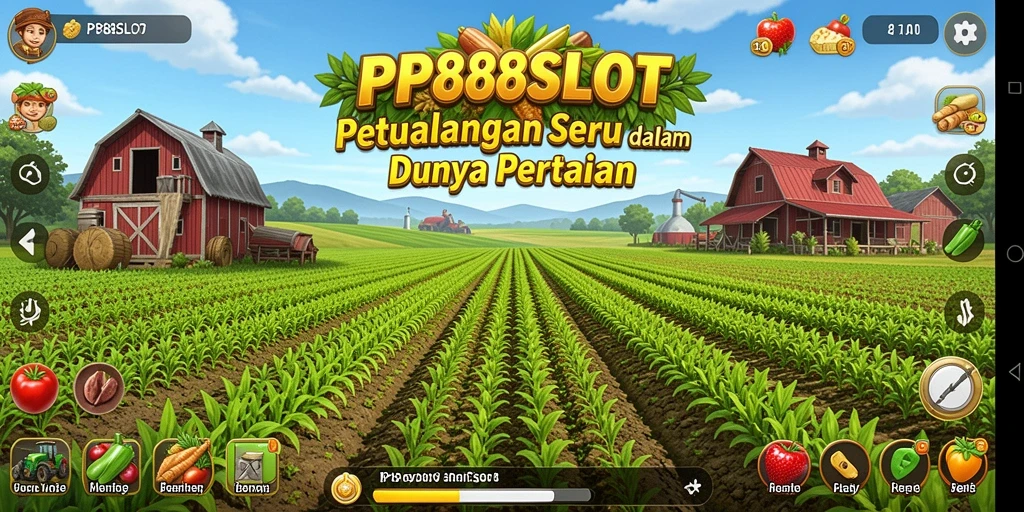 Screenshot gameplay PP88SLOT dengan pemandangan kebun yang subur dan hewan ternak.